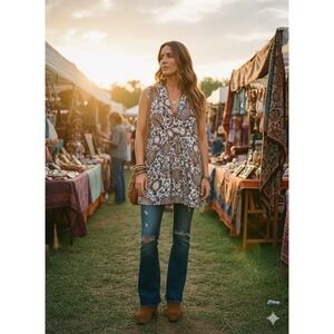 Boho Mandala Paisley Maxi Dress Blue‎ Orange Floral Wrap Faux Surplice M? L?